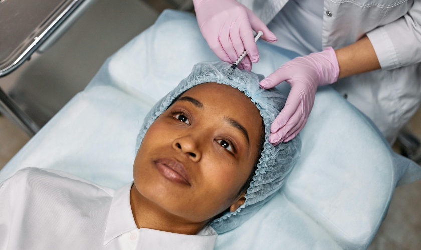 Woman getting botox injections in her forehead