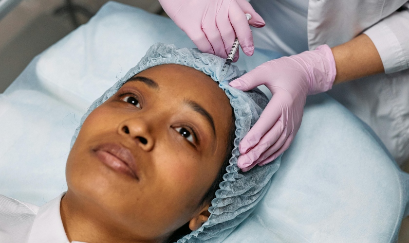 Woman getting Botox injection in forehead